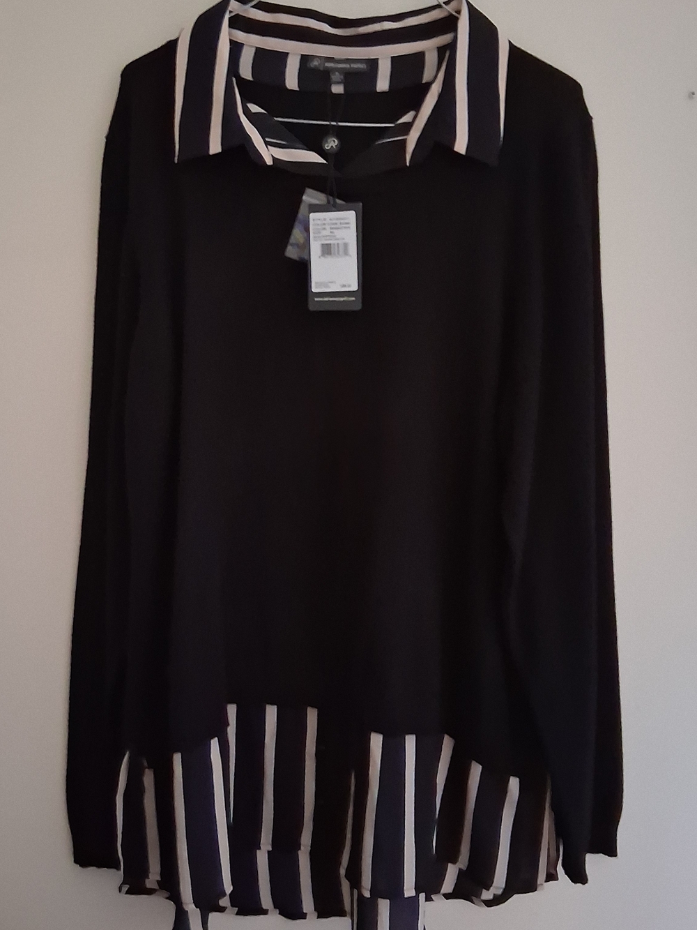 Adrianna Papell Black Layered Sweater with Black & Off White Stripes
